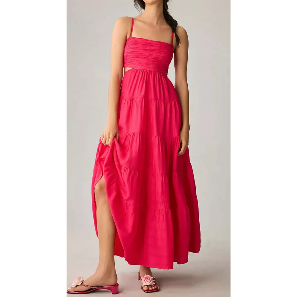 NEW ANTHROPOLOGIE LET ME BE PINK CUTOUT TIERED MAXI DRESS SZ L